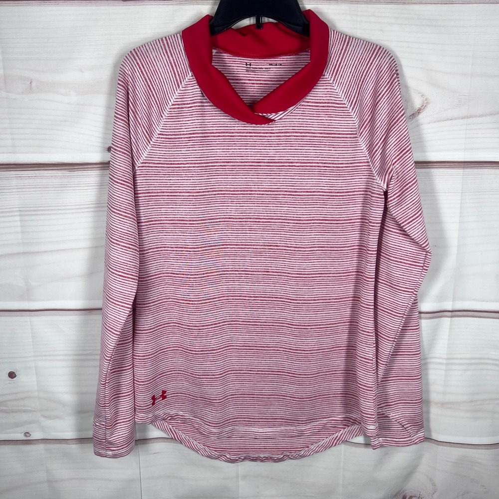Under Armour Zinger Pullover Top Womens M Red Stripe Long Sleeve Cowl Neck Shirt
